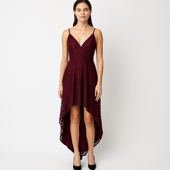 Db Studio Dresses & Skirts - DB Studio Dress Womens 4 Wine Lace Hi-Low V-Neck Spaghetti Strap Whimsigoth Prom